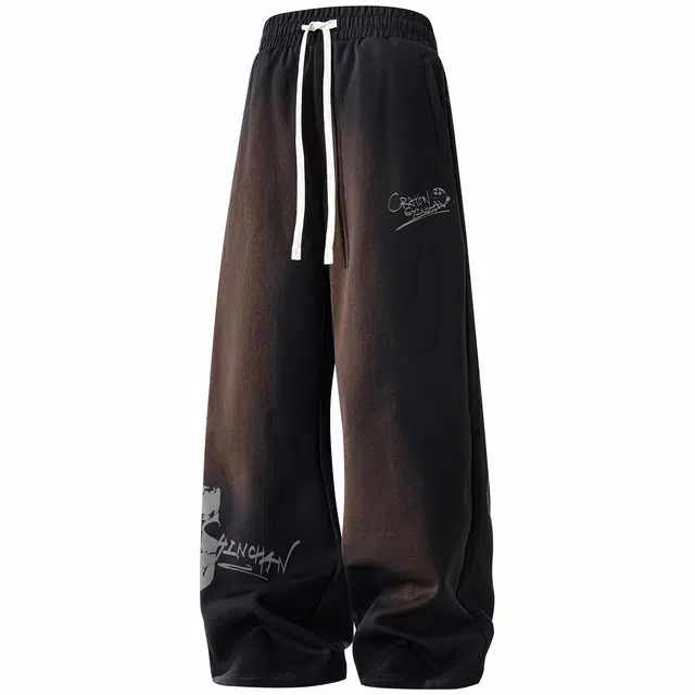 蜡笔小新 趣味卡通喷漆字母印花抽绳宽松直筒休闲裤 男女同款