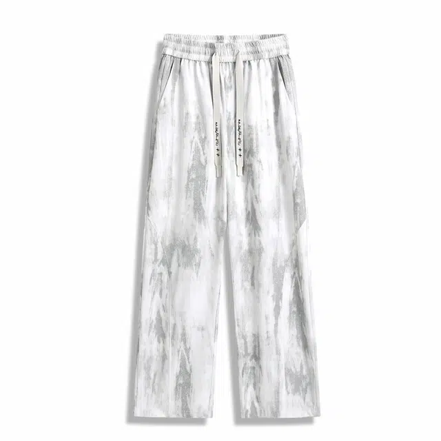 哲源 夏季 美式复古扎染弯刀冰丝裤子男款凉感速干直筒阔腿裤纯色简约日常通勤慵懒风基础款裤子潮牌宽松垂感运动休闲裤 男女同款