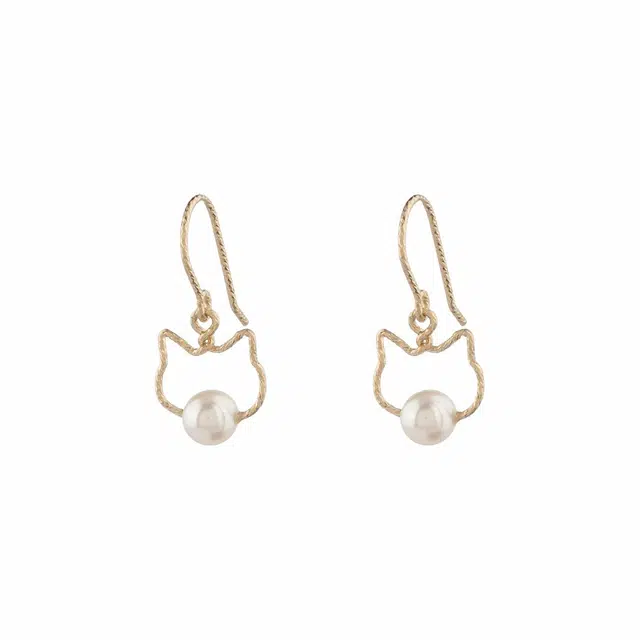 前方大荒野 慵懒猫咪珍珠耳钉猫猫头甜美可爱温柔迷人镂空时尚小众设计精致小巧日常百搭时髦独特气质 合金 耳环 女款