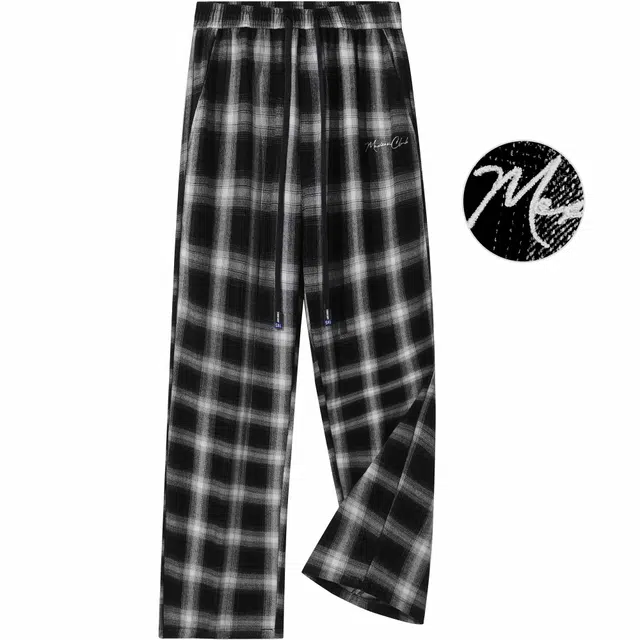 稻草人 美式刺绣复古格子宽松垂感百搭高街系带直筒阔腿休闲裤 男女同款 黑色