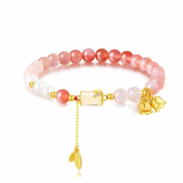 【节节高升】中国黄金 珍·尚银 铃兰花竹节流苏 新中式古风浪漫甜美粉色 小众轻奢设计精致优雅气质手饰 礼盒女友好运 玛瑙 手串 女款