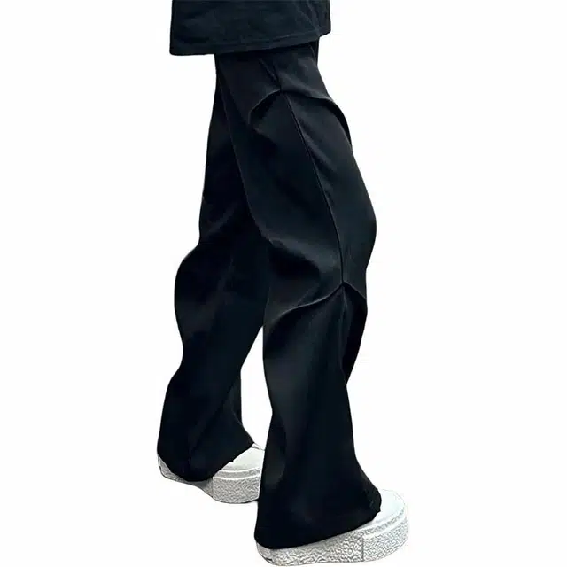 黑马漫画 工装褶皱微喇高级感垂感时尚简约潮流休闲裤 男女同款 墨黑