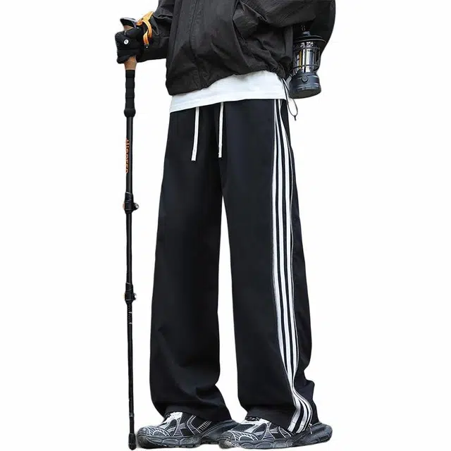 物质公式 美式刺绣小花潮流复古弯刀纯棉多口袋直筒工装裤保暖亲肤舒适宽松伞兵裤休闲裤 男女同款 黑色