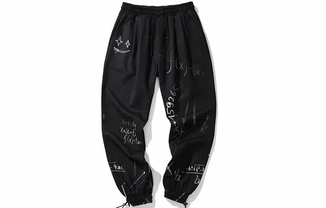 木村三社 满印字母数学印花宽松束脚中腰系带休闲裤 男女同款 黑色