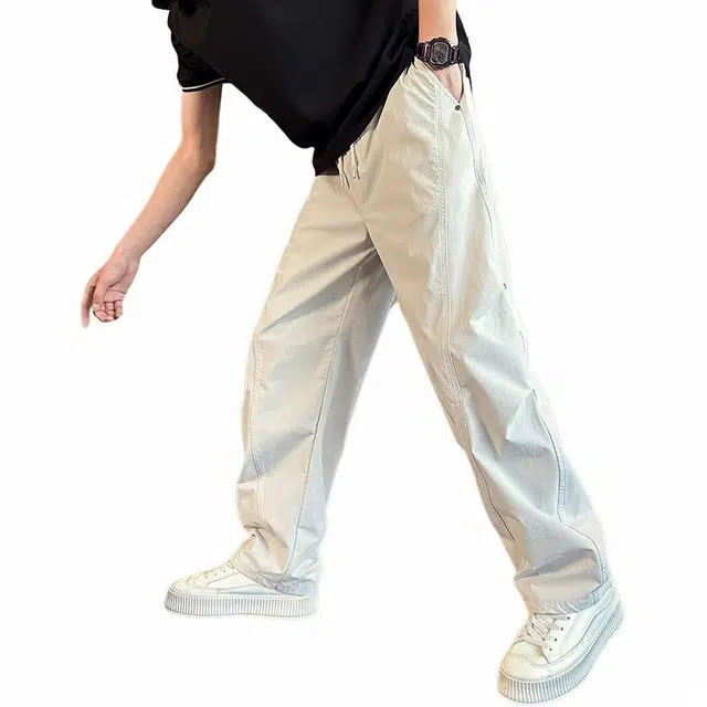 沃马 美式高街拼接宽松通勤垂感系带宽松中腰薄款纯色直筒休闲裤 男女同款