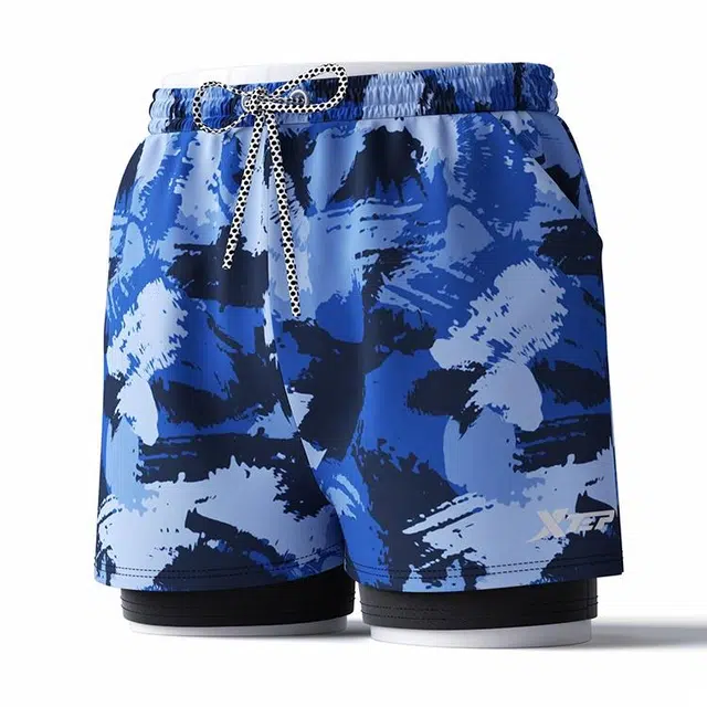 特步 专业速干迷彩印花双层沙滩游泳裤运动健身休闲泳裤 男款 蓝色