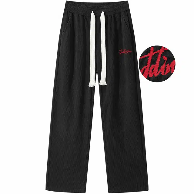 帕丁顿熊 基础款手写花体刺绣纯色垂感宽松抽绳灯芯绒阔腿直筒休闲裤 男女同款