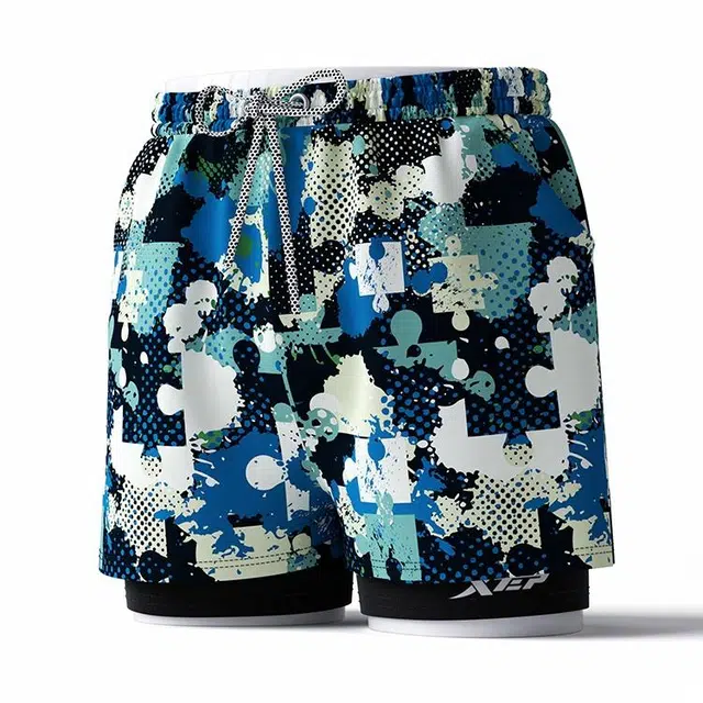 特步 专业速干迷彩假两件抽绳运动泳裤  男款 军绿色