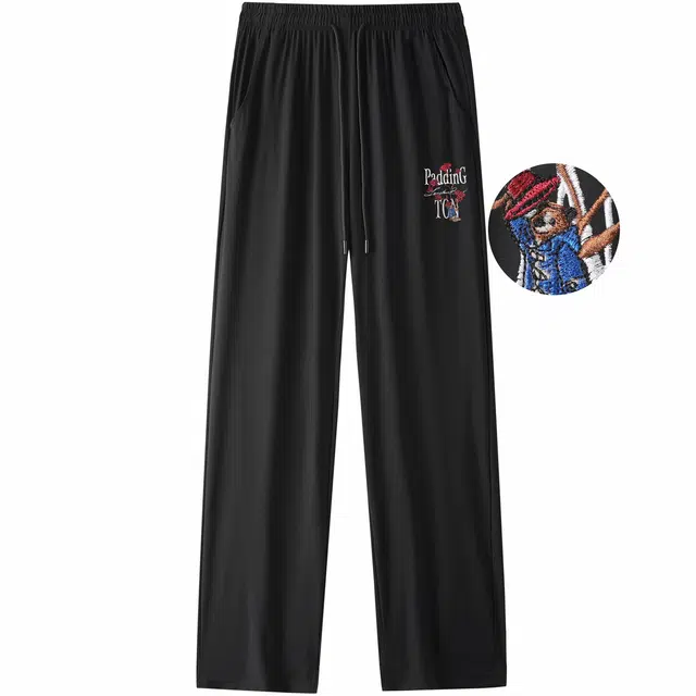 帕丁顿熊 绅士小熊玫瑰刺绣纯色宽松垂坠感直筒凉感冰丝休闲裤 男女同款