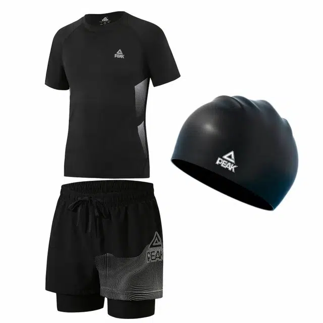 匹克 泳装系列 休闲圆领速干透气短袖泳衣泳裤泳帽泳衣套装 男款