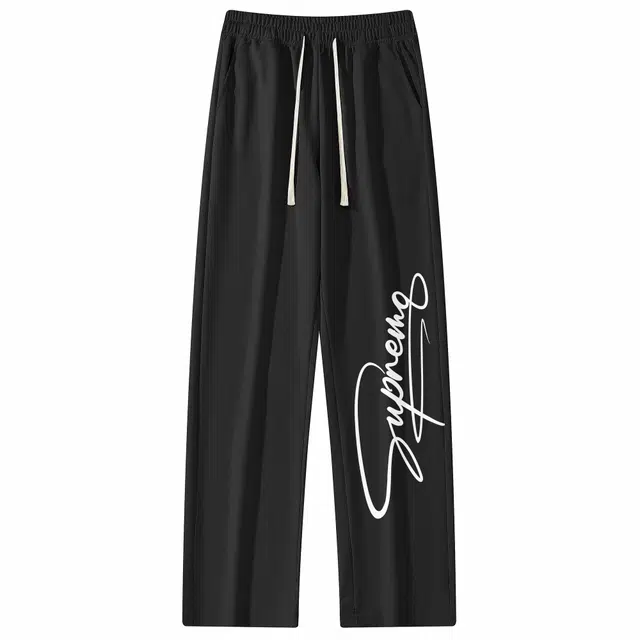 吾皇猫 学院风日系简约百搭基础款英文字母创意手绘印花无性别穿搭宽松直筒休闲裤 男女同款