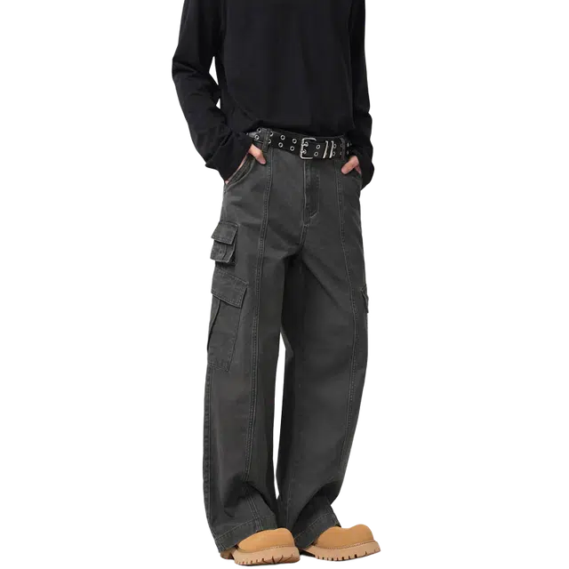 北极绒 高街复古多口袋宽松直筒百搭纯色休闲裤 男款