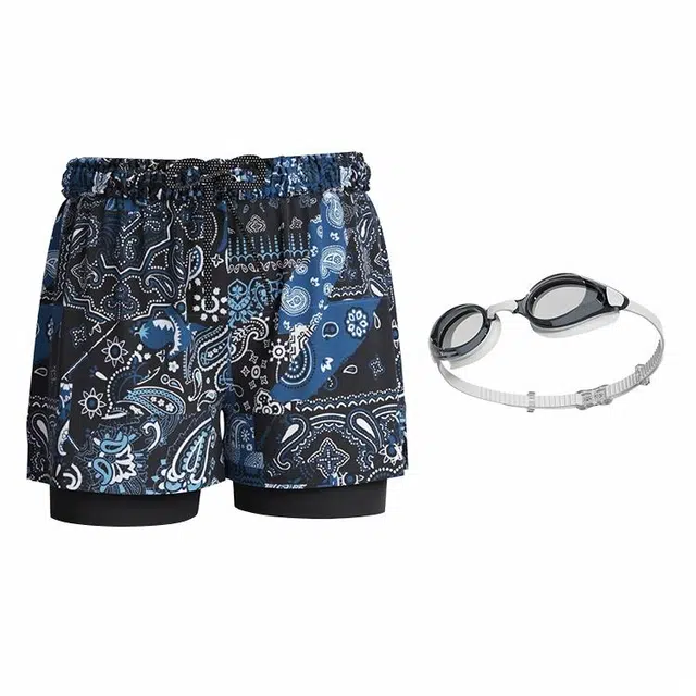 特步 速干两用腰果花满印双层沙滩裤泳镜泳衣套装 男款 花色