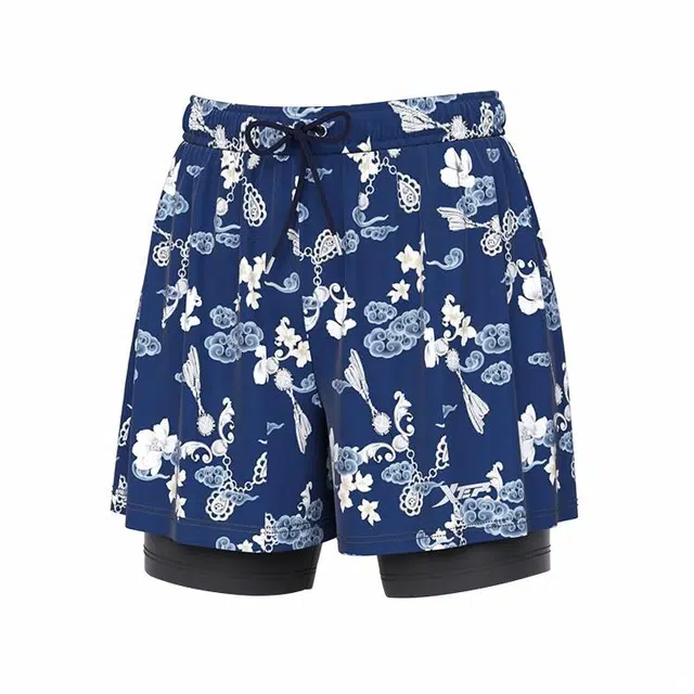 特步 花卉法式印花双层沙滩游泳运动健身合身泳裤 男款 花色