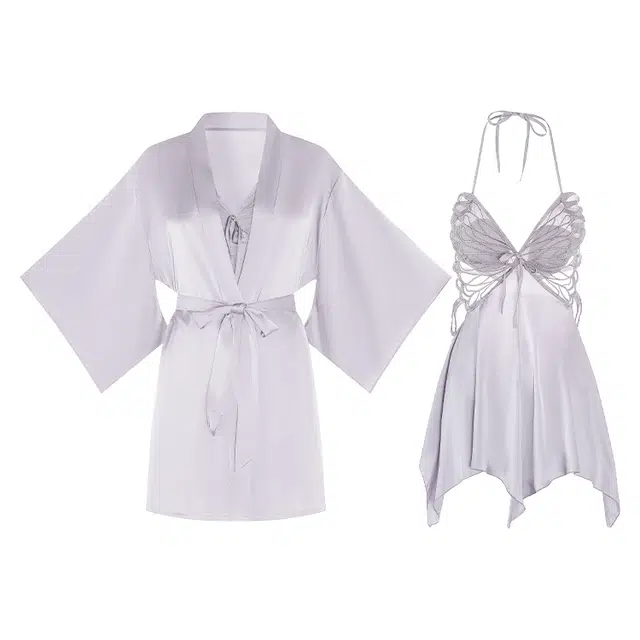 潞优野 性感法式胸前蝴蝶纯欲带胸垫吊带加晨袍睡衣套装 女款