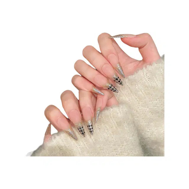 韵月乔 法式小香显白欧美辣妹高级  穿戴甲 长款杏色渐变 亮片