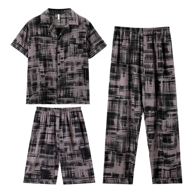 向薇 舒适翻领短袖上衣休闲短裤可外穿家居服长裤睡衣套装 男款 图片色