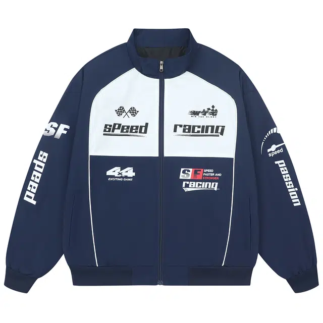 纳趣 美式复古街头立领拼接印花机车赛车休闲夹克外套 男女同款