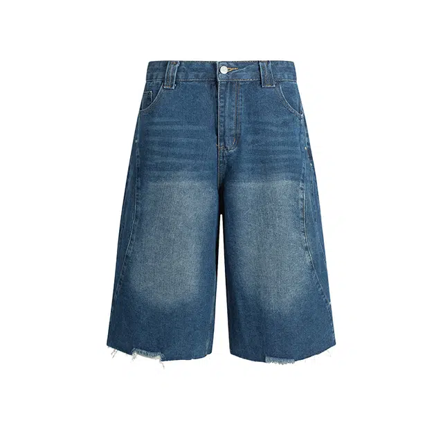 美式复古高街风水洗做旧拼接设计感宽松百搭七分裤牛仔短裤 男女同款