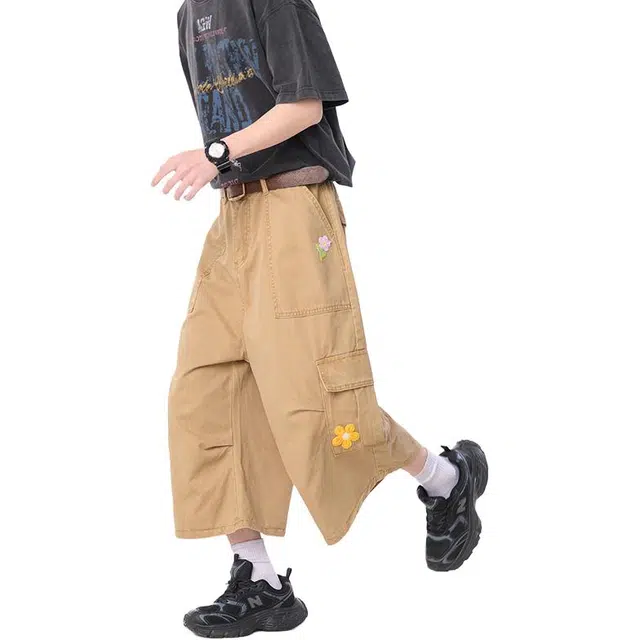物质公式 美式高街潮流嘻哈水洗做旧复古花朵刺绣印花休闲百搭大口袋设计感工装七分欧若风宽松舒适牛仔短裤 男女同款