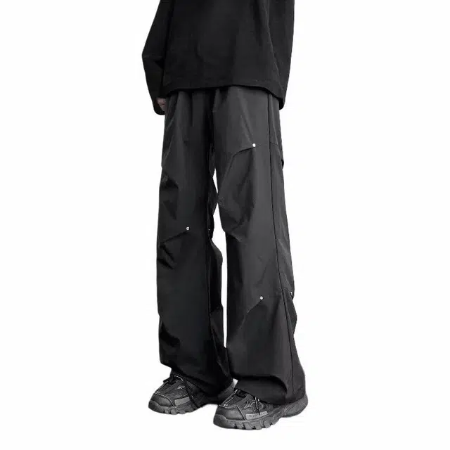 金贝勒 复古高街铆钉褶皱宽松直筒百搭运动休闲裤 男女同款 黑色