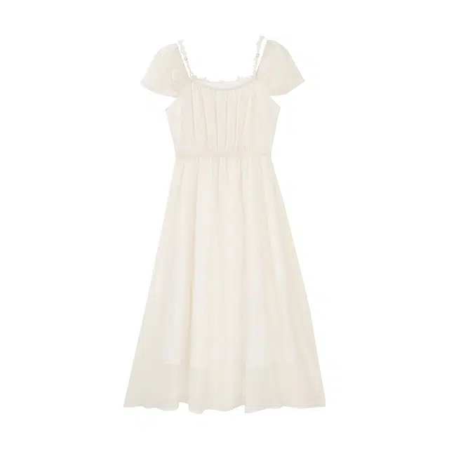 鹿向南 海岛小调法式气质度假风设计感收腰长裙短袖连衣裙 女款 米白色