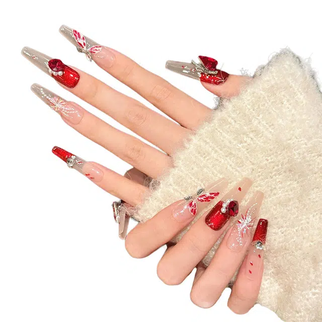 韵月乔 花火蝴蝶法式安可拉红  穿戴甲 尖型酒红渐变 纯欲