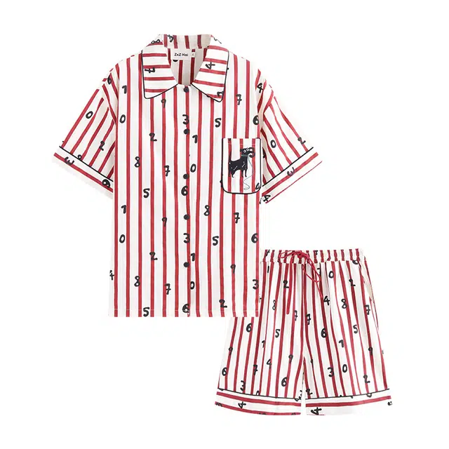 侘町 数字狗卡通柔软透气亲肤短袖睡衣套装 女款 图片色