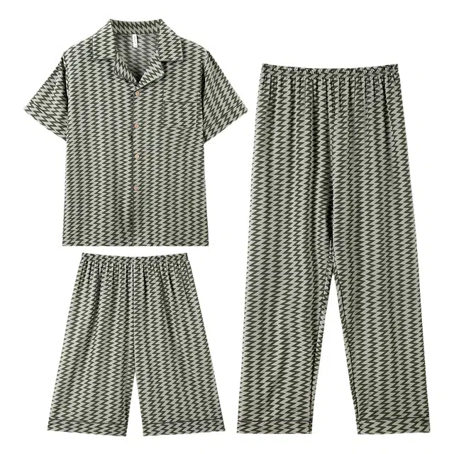 向薇 翻领透气短袖上衣舒适短裤可外穿家居服长裤睡衣套装 男款 图片色