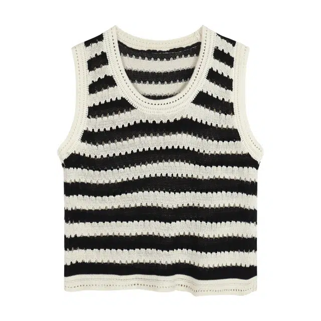 柏黛妃 拼色条纹镂空套头圆领背心 女款 黑色