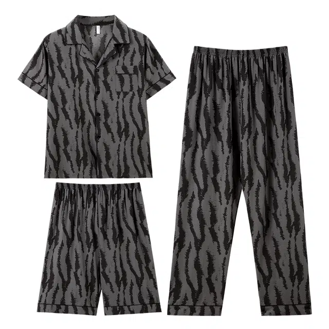 向薇 家居服翻领短袖上衣舒适休闲短裤可外穿长裤睡衣套装 男款 图片色