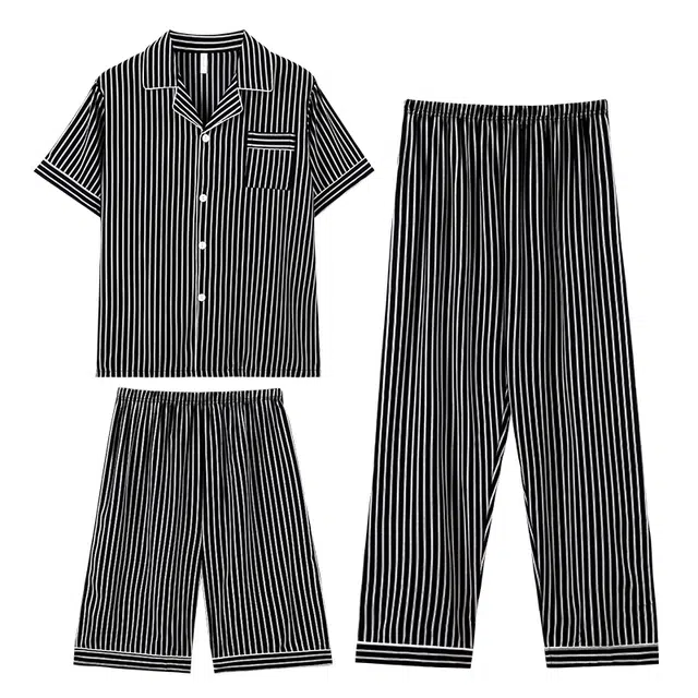 向薇 翻领条纹短袖上衣舒适柔软短裤可外穿家居服长裤睡衣套装 男款 图片色