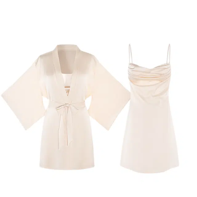 潞优野 性感外袍家居缎面晨袍胸垫吊带冰丝睡裙睡衣套装 女款