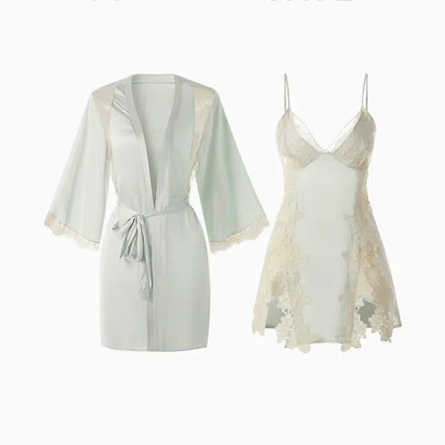 潞优野 蕾丝高级感带胸垫长袖舒适简约亲肤睡衣套装 女款