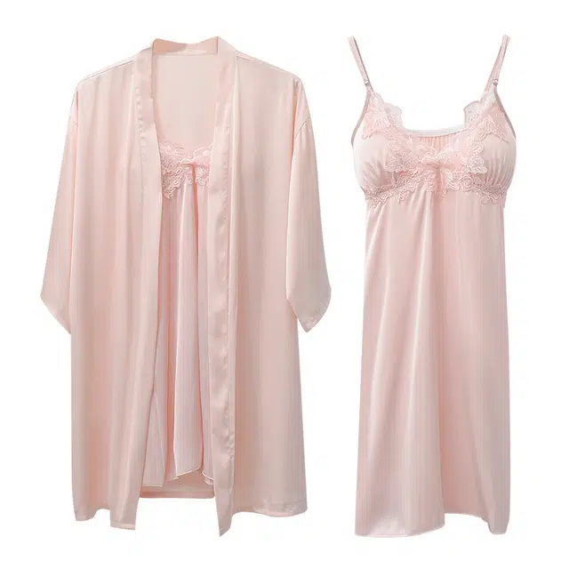 俏佳人 法式纯欲风蕾丝花边带胸垫性感休闲舒适长袖睡衣套装 女款 浅粉色