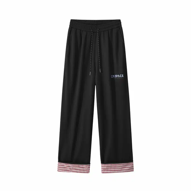 中国航天 美式复古格纹字母印花垂感拖地阔腿宽松休闲裤 男女同款