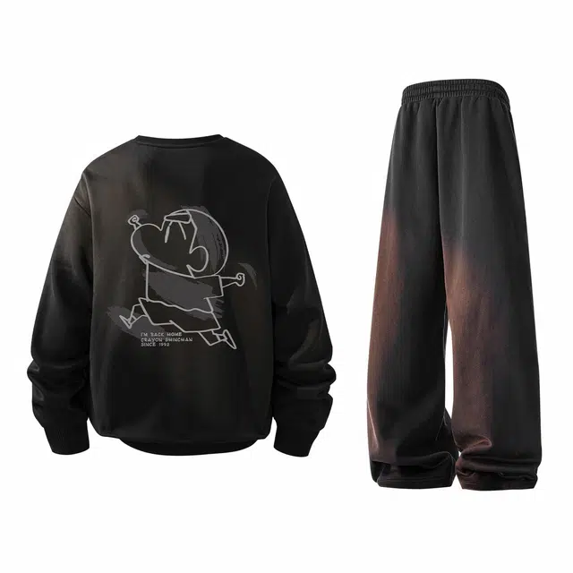 蜡笔小新 卡通小新线稿印花加绒加厚圆领套头长袖卫衣纯色基础小标抽绳宽松加绒加厚直筒长裤休闲运动套装 男女同款