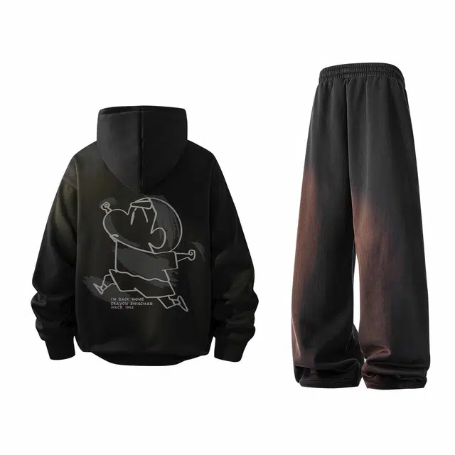 蜡笔小新 字母卡通线稿印花加绒加厚连帽套头卫衣纯色基础小标抽绳宽松加绒加厚直筒长裤休闲运动套装 男女同款