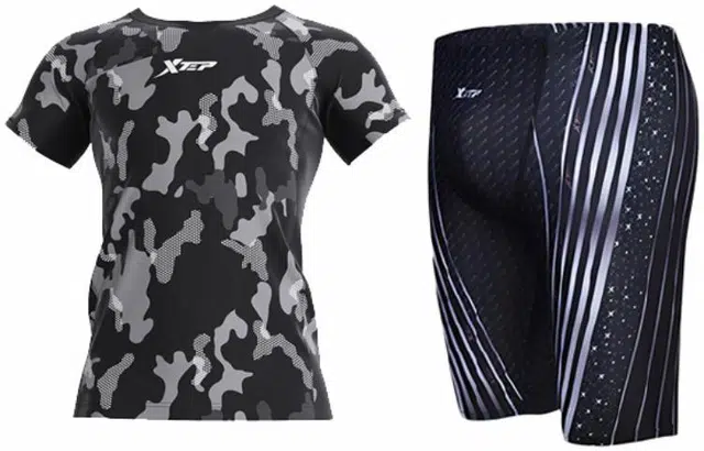 特步 游泳训练运动泳衣迷彩短袖游泳运动平角速干条纹运动泳裤泳衣套装 男款