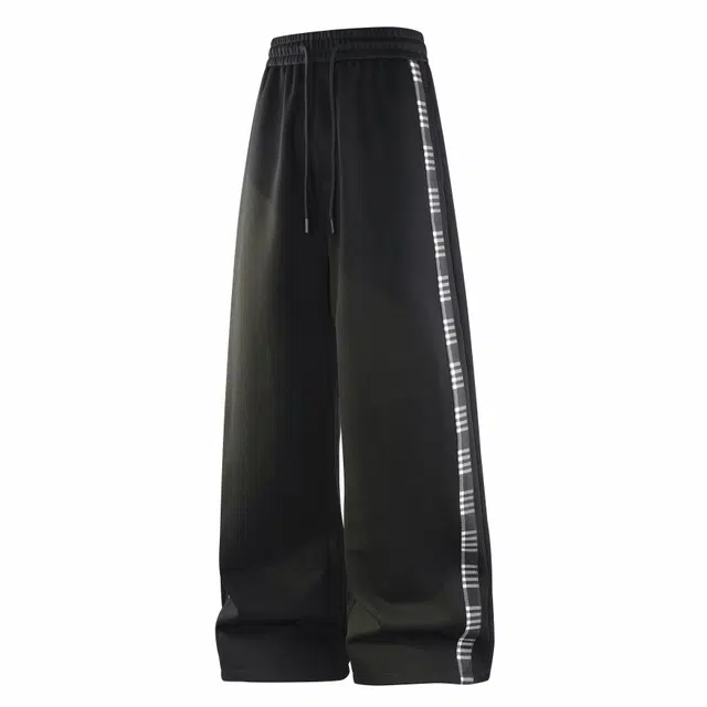 爱肯 高街直筒宽松侧边拼接格子织带个性高级感简约百搭日常通勤休闲裤 男女同款