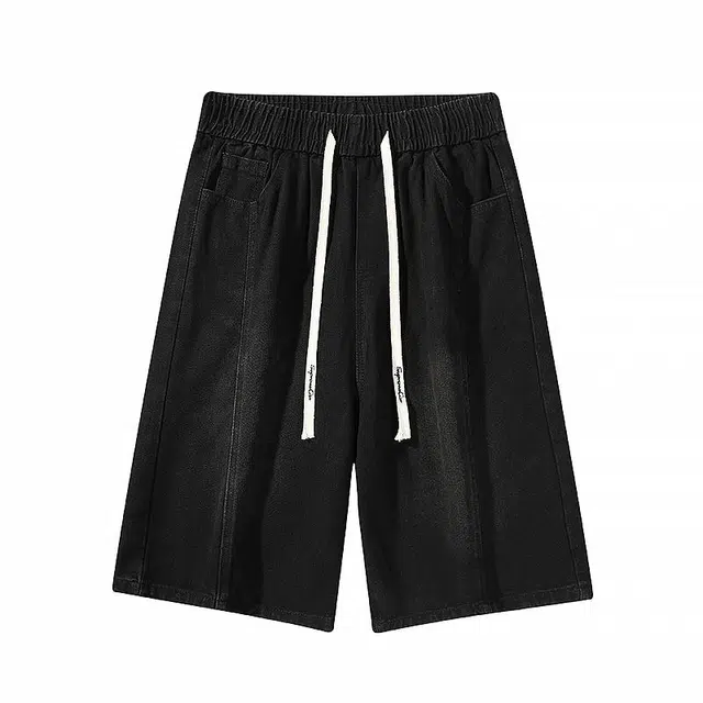 吾皇猫 美式复古潮流水洗做旧拼接宽松直筒百搭抽绳系带休闲舒适亲肤通勤牛仔短裤 男女同款