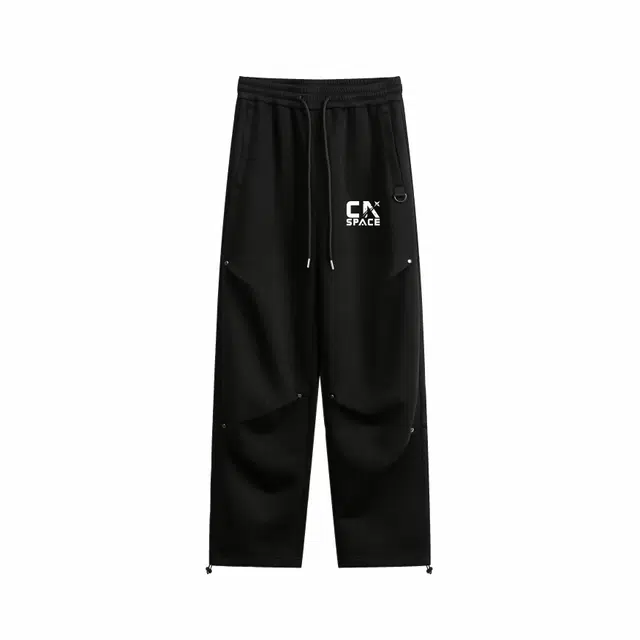 中国航天 户外跑步篮球卫裤日常基础款手工褶皱铆钉设计系带中腰宽松直筒百搭纯色休闲裤 男女同款