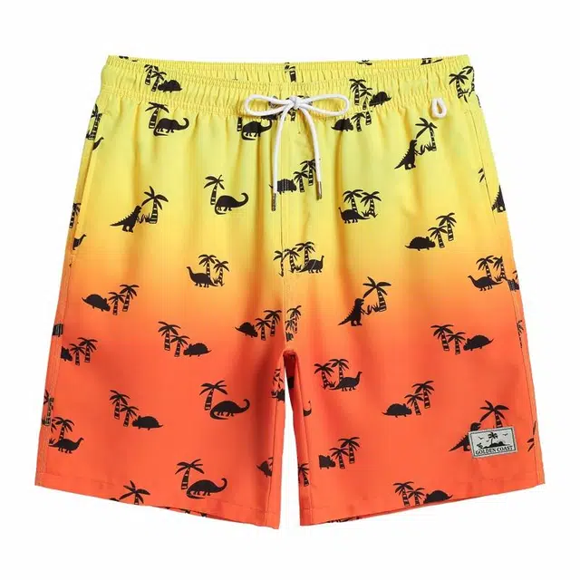 盖浪 渐变恐龙印花休闲速干五分宽松沙滩裤 男款 橙色渐变