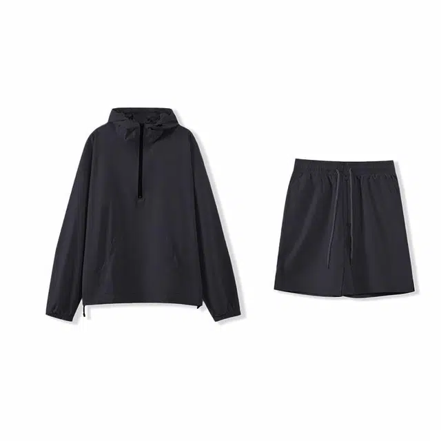 我是大卫 纯色简约半拉链设计连帽套头长袖上衣抽绳直筒短裤休闲运动套装 男女同款