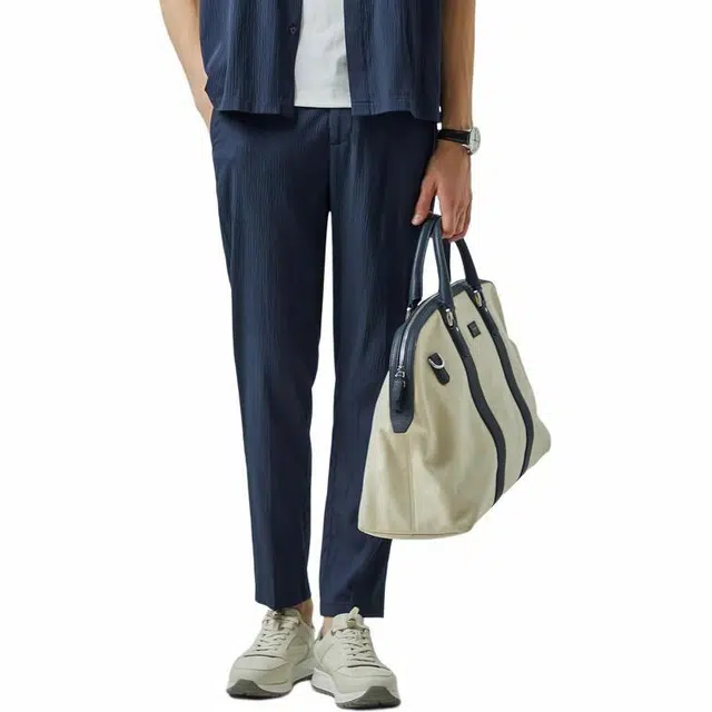 迪柯尼 时尚高级自然微皱肌理感速干休闲裤 男款 深宝蓝