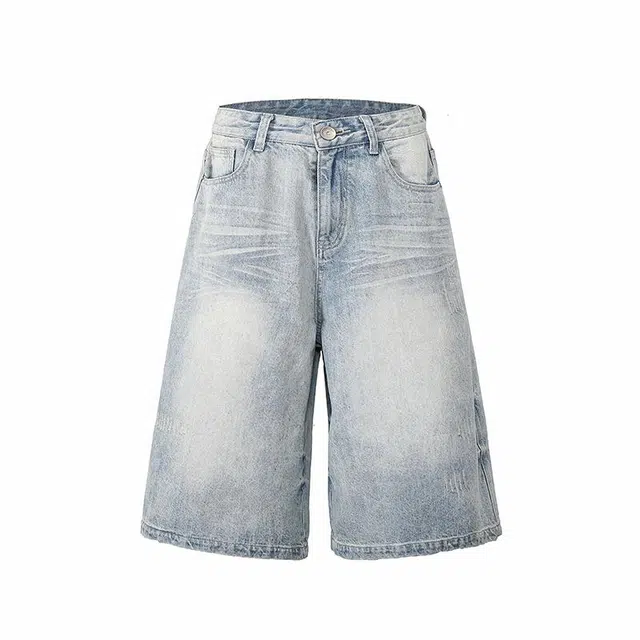 欧路得 美式做旧水洗七分复古宽松设计感牛仔短裤 男款