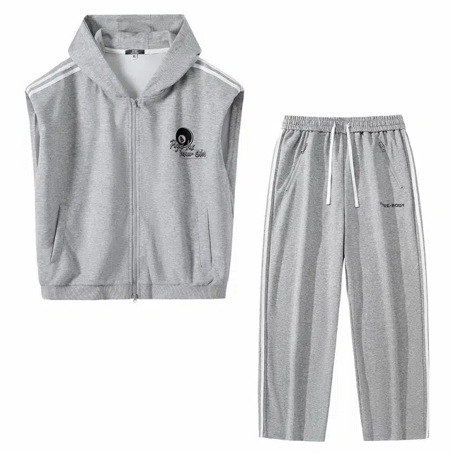 三体 连帽无袖字母印花卫衣时尚百搭直筒裤美式复古高街潮牌无性别穿搭新款舒适男士透气休闲运动套装 男女同款