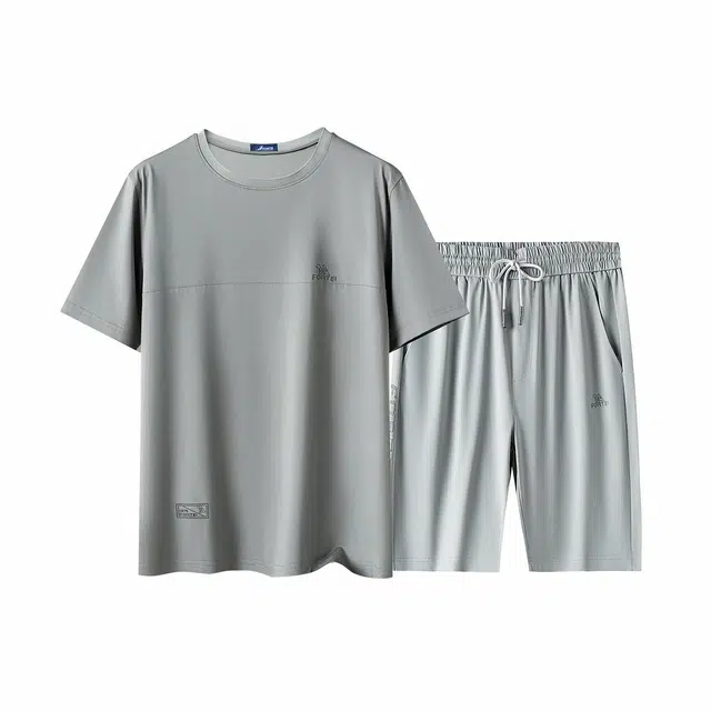 富铤 时尚百搭纯色简约休闲运动套装 男款 浅灰