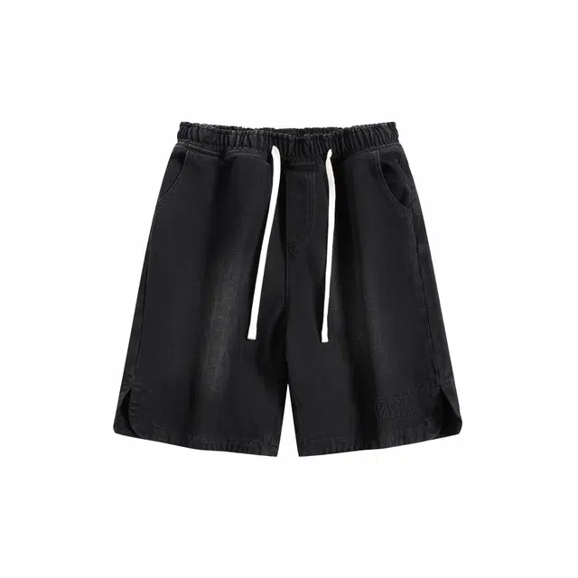 颂希尔 美式复古做旧字母水洗宽松直筒牛仔短裤 男女同款