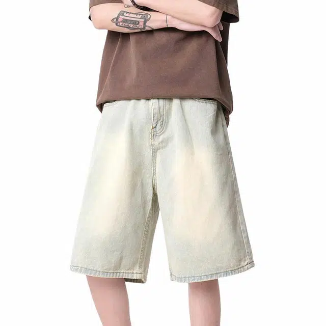 物质公式 美式复古高街嘻哈水洗做旧宽松休闲直筒五分裤夏季日常通勤无性别主义牛仔短裤 男女同款